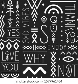 Typographic seamless pattern made of thin line letters and geometric symbols.