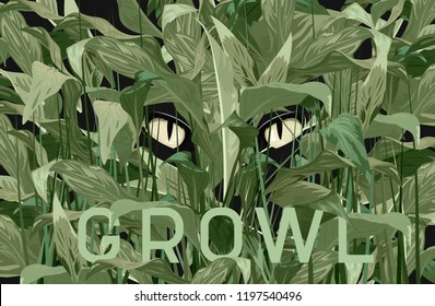 typographic slogan with cat's eyes and leaves