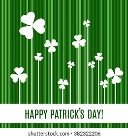 Typographic St Patrick's Day card. Green abstract striped background. Vector white shamrock. Ireland symbol pattern. Irish header for web. Vector illustration