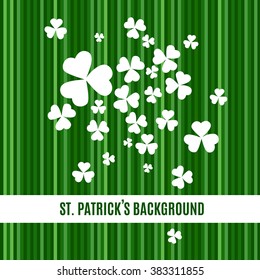 Typographic St Patrick's Day card. Green abstract striped background. Vector white shamrock. Ireland symbol pattern. Irish header for web. Vector illustration