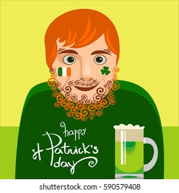 Typographic St Patrick's Day card or poster with lettering. Funny modern Irishman drinking. Vector illustration.