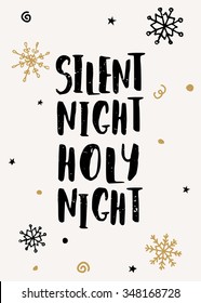 Typographic style Christmas greeting card template with hand drawn snowflakes and text "Silent Night, Holy Night".