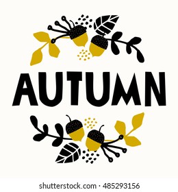 Typographic style design for the fall season with black letters, floral decoration and geometric elements, isolated on cream background. Modern and creative, poster, wall art, greeting card template.