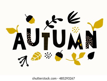 Typographic style design for the fall season with black letters, leaf decoration and geometric elements on cream background. Modern and creative brochure, poster, wall art, greeting card template.