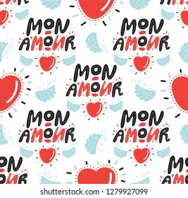 Typographic style seamless pattern with hand lettered text My love in french language. Valentine's Day greeting card, poster, wrapping paper, textile, packaging design. Vector illustration