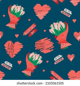 Typographic style seamless pattern on blue.Hand lettered text in black-white on rough shapes,red hearts and bouguet of pink tulips.Valentines Day greeting card template,wrapping paper,poster,banner.