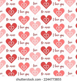 Typographic style seamless repeat pattern. Hand lettered text in pink and white, hand drawn heart in pastel pink. Valentine's Day greeting card template, poster, wrapping paper.