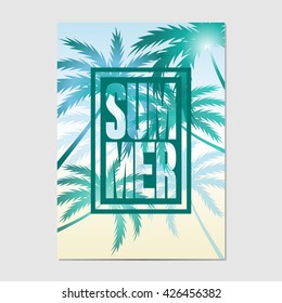 Typographic Summer background with palm trees. Layout in A3 size.