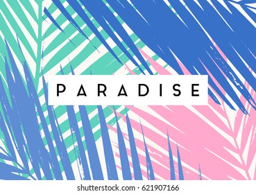 Typographic summer design with palm leaf silhouettes in pastel pink, blue and green.