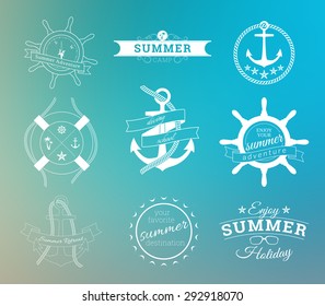 Typographic Summer Themed Label Designs Collection on blurred background