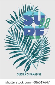 Typographic surf chart and palm leaf composition