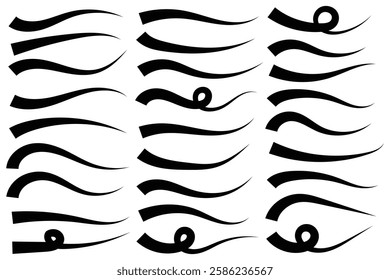 Typographic swash and swooshes tails. Set of hand lettering underlines lines. Calligraphic swoosh tail set, underline marker strockes. Hand drawn collection of curly swishes, swashes, swoops. 