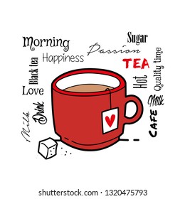 Typographic tea drink with tea bag cafe design 