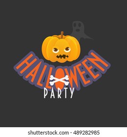 Typographic Text "Halloween Party" with a scary pumpkin, ghost and crossed bones. Cartoon pumpkin with Halloween background
