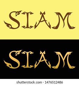 typographic with traditional Thai pattern word SIAM old name of Thailand with yellow background and black background