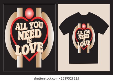 Design de camiseta tipográfica com as citações inspiradoras 'Tudo o que você precisa é de amor' com a camiseta preta mockup.  