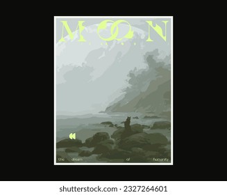 Typographic t-shirt design, Mist abstract landscape, island on water with moonlight and cat