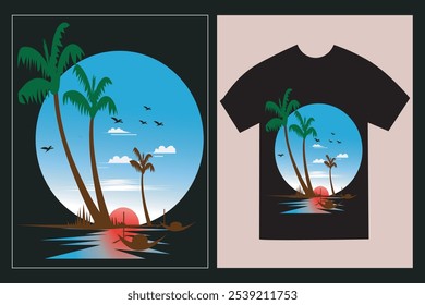 Diseño tipográfico de la camiseta con el texto con el paisaje natural del sol naciente detrás del río después del pueblo con la maqueta negra de la camiseta.