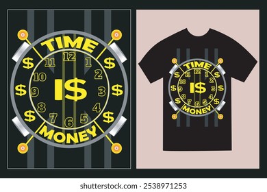 Typographic T-Shirt design with the text 'Time is money' on black T-shirt mockup.