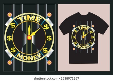 Typographic T-Shirt design with the text 'Time is money' on black T-shirt mockup.