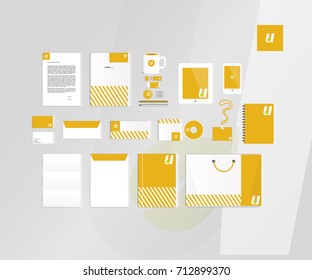 Typographic U logo. Corporate identity template set. Business stationery mock-up