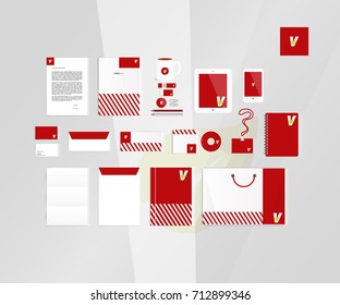 Typographic V logo. Corporate identity template set. Business stationery mock-up