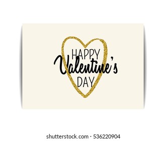 Typographic Valentine card with love symbol. "Happy Valentine's day" text. Golden heart with glitter sequins. Design for party invitation, t-shirt, labels, postcards. Vector EPS10 illustration.