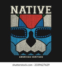 Ilustración de vecror tipográfico con figuras de máscara azteca. Gráficos de camisetas. Imprimir.