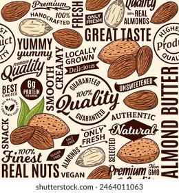 Typographic vector almond butter seamless pattern or background, almond kernels and shells
