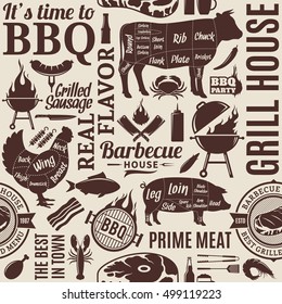 Typographic vector barbecue seamless pattern or background. BBQ, meat, vegetables, beer, wine and equipment icons