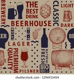 Typographic vector beer seamless pattern on craft background. Types of beer and hand drawn illustrations for bar, pub, cafe, fest and packaging. Retro style