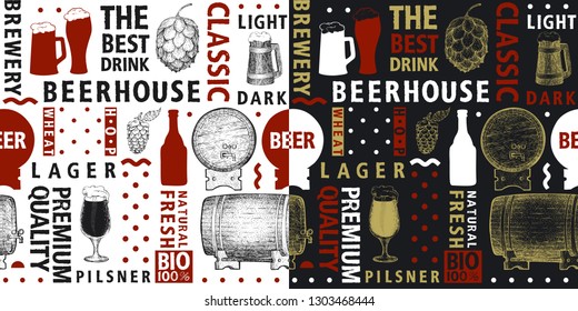 Typographic vector beer seamless pattern. Types of beer and hand drawn illustrations for bar, pub, cafe, fest and packaging. Retro style background.