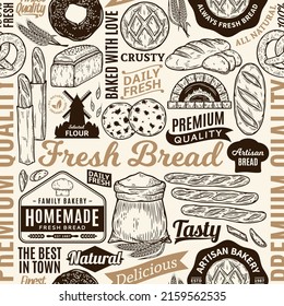 Typographic vector bread and bakery seamless pattern or background. Bread and bakery illustrations, vector food icons for baked goods randing and identity