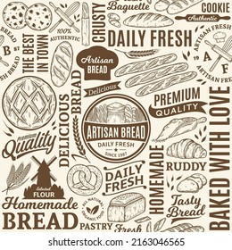 Typografisches Vektor Brot und Bäckerei nahtlose Muster oder Hintergrund. Illustrationen zum Thema Brot und Bäckerei, Vektorlebensmittel-Symbole für Backwaren, Randnummern und Identität