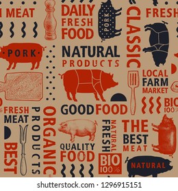 Typographic vector butchery seamless pattern. Graphical pig silhouette, hand drawn vintage illustrations. Retro styled farm animals background, bannner template. Can be use for packaging and menu.