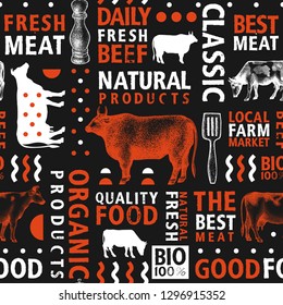 Typographic vector butchery seamless pattern. Graphical bull and cow silhouette, hand drawn vintage illustrations. Retro styled farm background, bannner template. Can be use for packaging and menu.