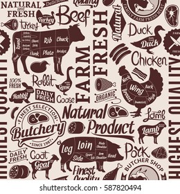 Typographic vector butchery seamless pattern or background.