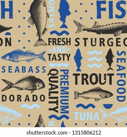 Typographic vector fish seamless pattern on light and dark background. Types of fishes and hand drawn illustrations for menu and packaging. Vintage style.