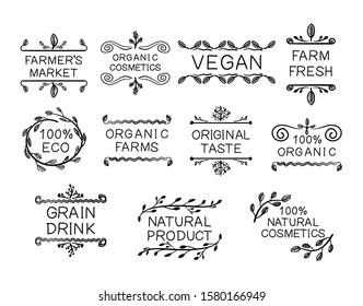 Typographic vector floral elements set, farmers market concept, organic natural foods, healthy eating, hand drawn doodle icons collection, black drawings isolated on white background.