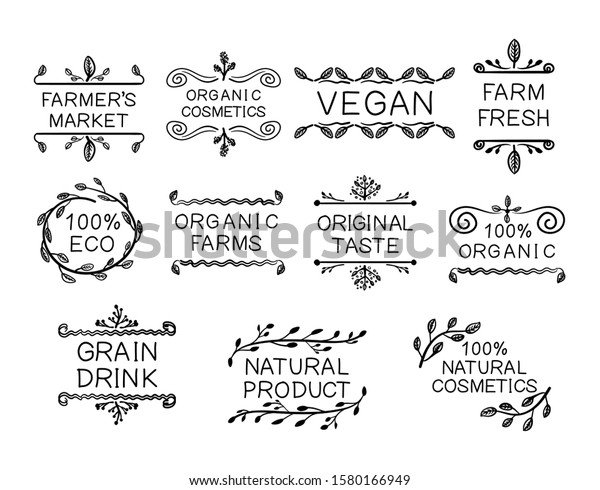 Typographic vector\
floral elements set, farmers market concept, organic natural foods,\
healthy eating, hand drawn doodle icons collection, black drawings\
isolated on white\
background.
