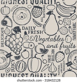 Typographic Vector Fruits And Vegetables Retro Styled Grungy Seamless Pattern Or Background