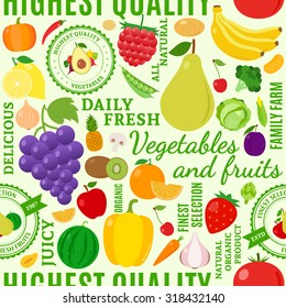 Typographic vector fruits and vegetables seamless pattern or background