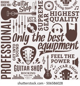 Typographic vector guitar shop seamless pattern or background.