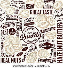 Typographic vector hazelnut butter seamless pattern or background, hazelnut kernels and shells