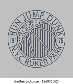 Typographic vector illustration of basketball theme badge. t shirt graphics
