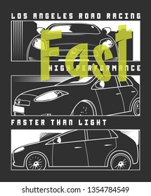  typographic vector illustration of car racing theme. tee shirt graphics
