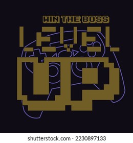 Typographic vector illustration of computer game theme for t shirt graphics. pixelated design