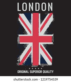 typographic vector illustration of london and fashion  theme with british flag. t shirt graphics