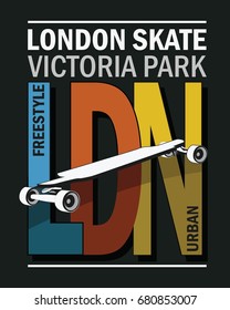 typographic vector illustration of London and skateboard theme , t shirt graphics , 