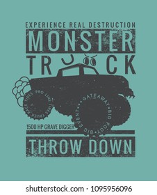 Typographic vector illustration of monster truck. t shirt graphics. print